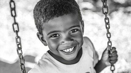 Young boy smiling joyfully on a swing in a sunny playground during daytime