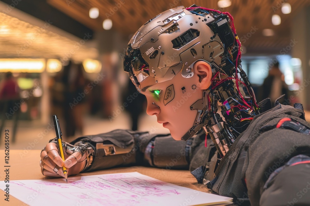 Poster chatgpt bot jotting down answers with a pen on paper, stock