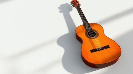 Obraz premium Beautiful orange acoustic guitar resting on a white surface with shadows playing around it