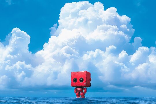 A man stands on a boat, observing a red robot rising from the sea, in a digital art style created with generative AI