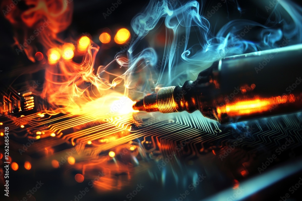Poster a closeup of a soldering iron placing a computer chip on a circuit board.