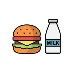 Milk and hamburger set food icon represents a classic meal combo, perfect for restaurant menus, fast food designs, nutrition themes, and delivery apps.