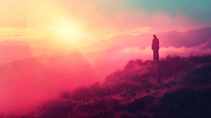 Subtle silhouette of jesus in a glowing landscape in a Christian PowerPoint Background of Faith-driven leadership