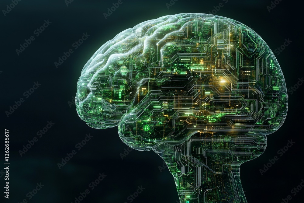 Poster the human brain visualizing intelligent thought processes through a neural network circuit board, co