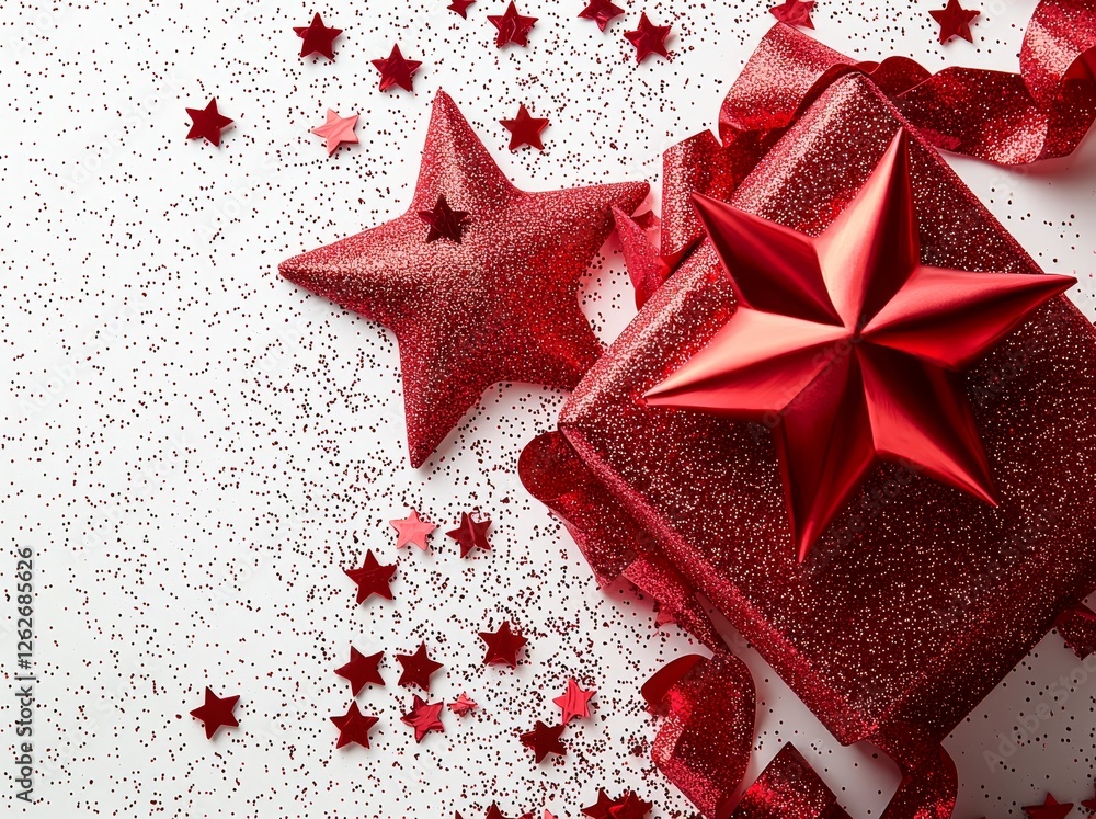 Poster a red bow and ribbon, plastic, presented in a top view with a transparent background