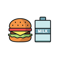 Milk and hamburger set food icon represents a classic meal combo, perfect for restaurant menus, fast food designs, nutrition themes, and delivery apps.