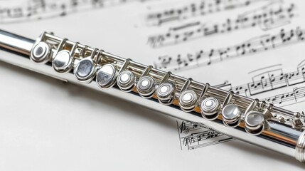 Fototapeta premium Flute resting on sheet music with detailed silver keys reflecting light during a musical practice session