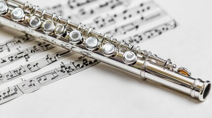 Obraz premium Flute resting on sheet music with intricate notations in a softly lit room showcasing musical passion