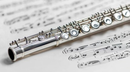 Flute resting on sheet music with intricate notes during a classical music session
