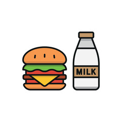 Milk and hamburger set food icon represents a classic meal combo, perfect for restaurant menus, fast food designs, nutrition themes, and delivery apps.