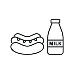 Milk and hot dog set food icon in flat style, featuring a glass of fresh milk and a classic hot dog in a bun with mustard topping.