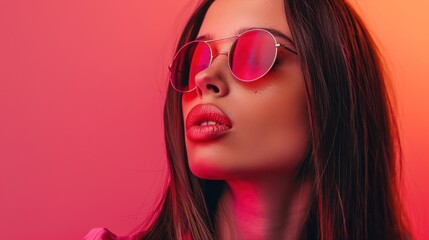 Portrait of beautiful long haired Woman model in trendy sunglasses posing on bright background, AI generated image