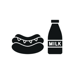 Milk and hot dog set food icon in flat style, featuring a glass of fresh milk and a classic hot dog in a bun with mustard topping.