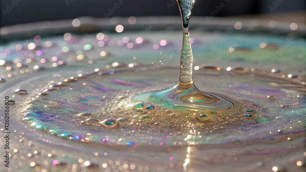 Poster a clear liquid flows gracefully over a glittery surface, reflecting rainbow colors in a playful disp