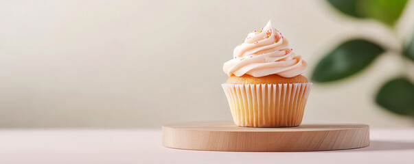 A delicious cupcake topped with creamy frosting sits on a wooden stand against a soft, neutral background with green foliage.