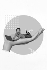Vertical collage picture of black white gamma arm palm hold mini boy use netbook isolated on creative background