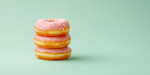 Three stacked donuts with pink frosting on a light green background, creating a delightful and colorful dessert display.