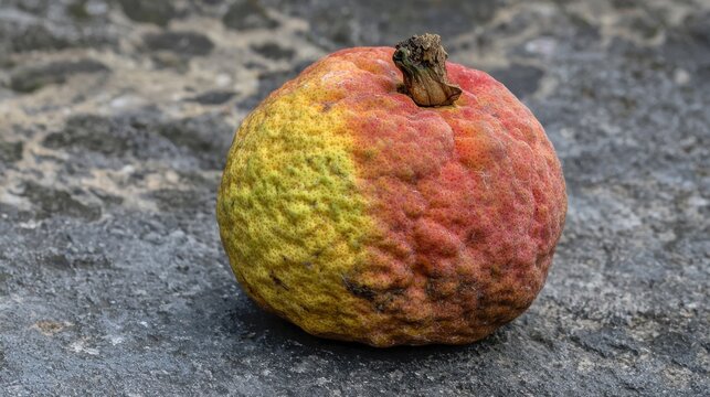 Ripe lychee fruit resting on a textured stone surface in natural light, showcasing its unique reddish-yellow skin