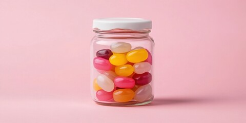 A clear glass jar filled with colorful jelly beans sits against a soft pink background, creating a vibrant and cheerful display.