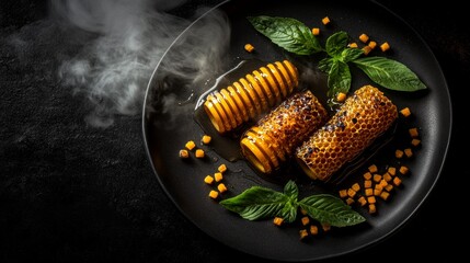 Naklejka premium Elegant honey comb dessert garnished with fresh basil and smoke effect