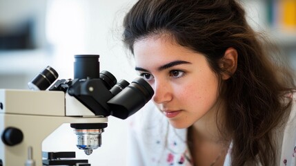 Fototapeta premium Young student examines specimen through microscope in science laboratory during daytime learning session