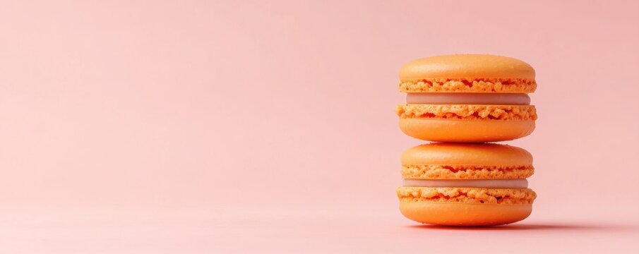 Two orange macarons stacked on a soft pink background, showcasing a delightful dessert that's both visually appealing and appetizing.