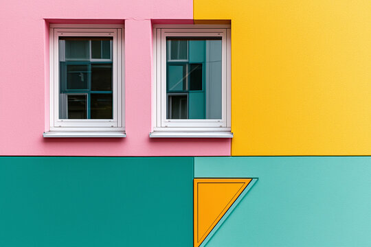 vibrant and modern building facade featuring colorful geometric shapes, including pink, yellow, and teal sections, with two windows framed in white