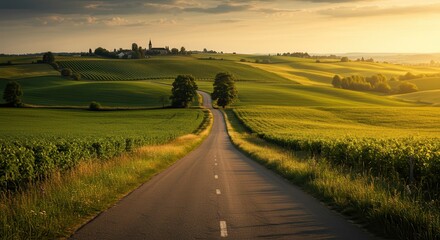 Fototapeta premium Scenic Road Through Rolling Green Fields at Sunset Landscape View