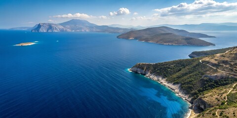 Fototapeta premium Aerial view with ultra-wide drone from top to bottom in the deep blue Aegean Sea, Greece