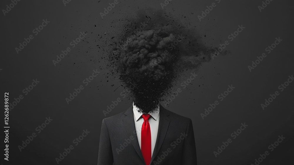 Poster black smoke and particles exploding from businessman's head, symbolizing information overload, stres
