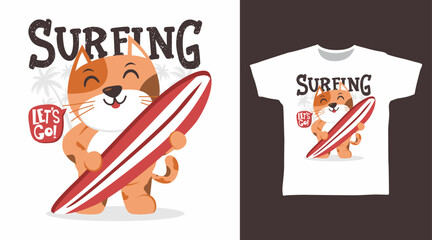 Cute cat with surfboard hand drawn, vector ready for print on t shirt and other uses.