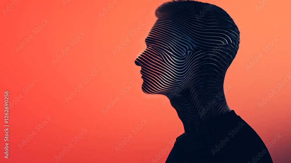 Poster profile of a man with a distorted face made of black and white lines on a red orange gradient backgr