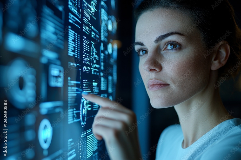 Poster a business black woman interacts with an ai or ux interface on a tablet and overlay, accessing the m