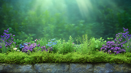 Enchanted Mossy Garden Wall with Lavender and Sunlight a Mystical Outdoor Landscape Scene Art