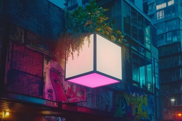 Blank square lightbox sign in an urban scene, designed for displaying your advertising or branding campaign