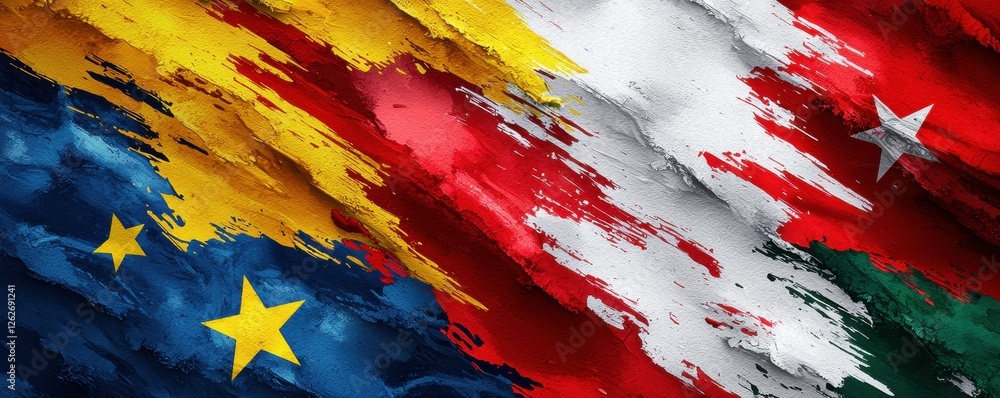 Poster a vibrant abstract design featuring blended colors and elements resembling various flags, showcasing
