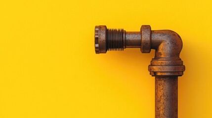 Brass T-shaped plumbing valve with prominent threading, positioned against a bright yellow gradient