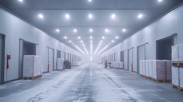 Industrial freezer warehouse aisle, worker, loading, pallets, foggy background