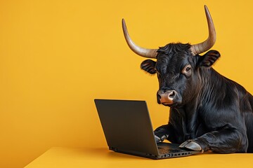 bull works at a laptop, work desk. on a plain bright colored background. in a business suit. place...