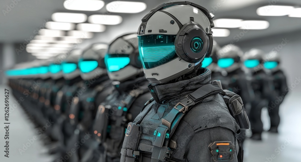 Poster this 3d rendering depicts a futuristic ai robotic team, centered around leader human robot portraits
