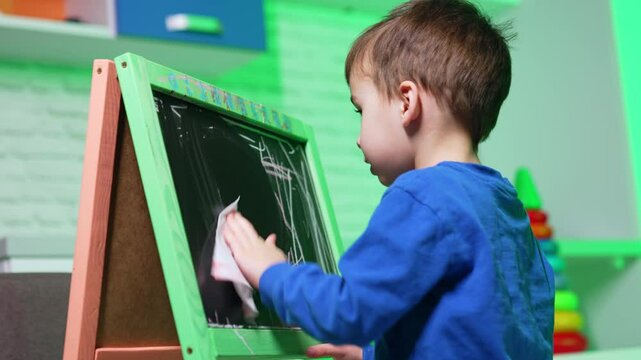 Lovely toddler baby in blue sweater cleans the blackboard. Side view portrait of the kid drawing at home.