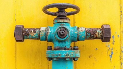 Close-up of a mechanical shutoff valve with an aged patina, softly highlighted against a deep yellow gradient