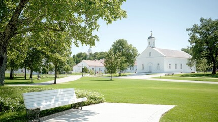 White Church, Green Lawn, Sunny Day, Park