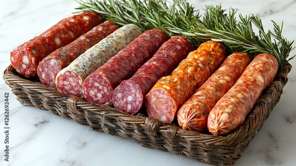 Poster this image beautifully captures an array of delicious meat sausages displayed stylishly, emphasizing