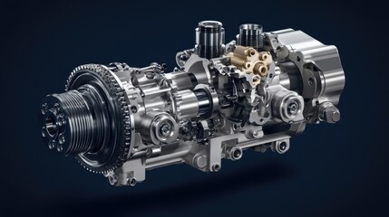 Complex mechanical cog system magnified against a deep navy blue background