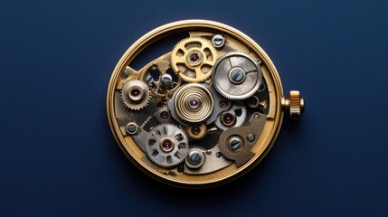 Complex mechanical cog system magnified against a deep navy blue background