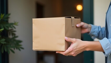 Smiling woman holding a cardboard box, ready for delivery