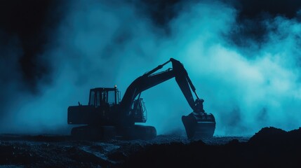 Dark silhouette of an earthmover, framed against an atmospheric deep blue construction scene
