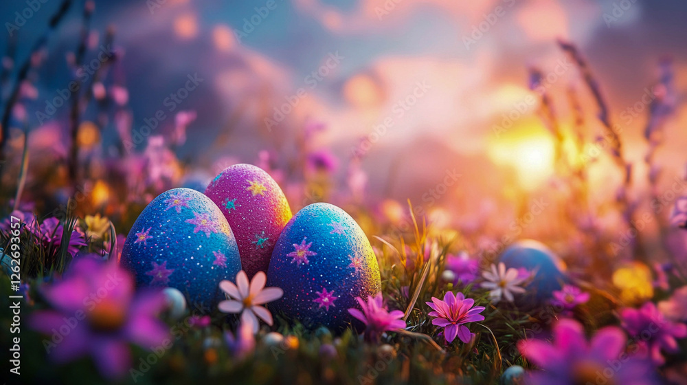 Aufkleber three easter eggs decorated with patterns in the form of stars and dots. the eggs are located on the