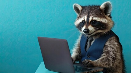 raccoon works at a laptop, work desk. on a plain bright colored background. in a business suit....